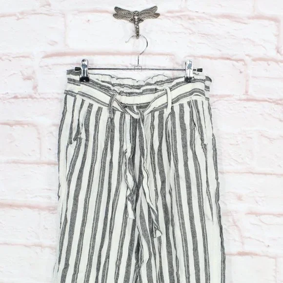 Jolt Womens Black White Striped Wide Leg Tie Paper Bag Linen Pants Size M - Picture 2 of 9